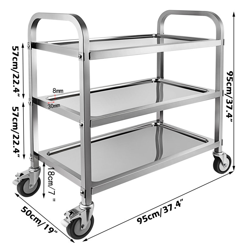 Anman 3 Tier Stainless Steel Utility Cart with Locking Wheels Shelf